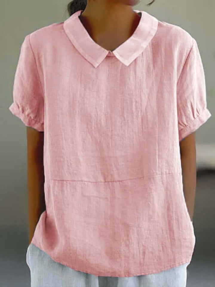 Women's Vintage Blouse Peter Pan Collar Short Sleeve Linen Top