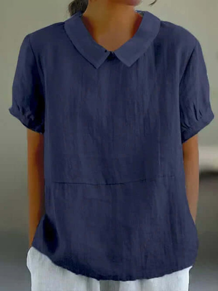 Women's Vintage Blouse Peter Pan Collar Short Sleeve Linen Top