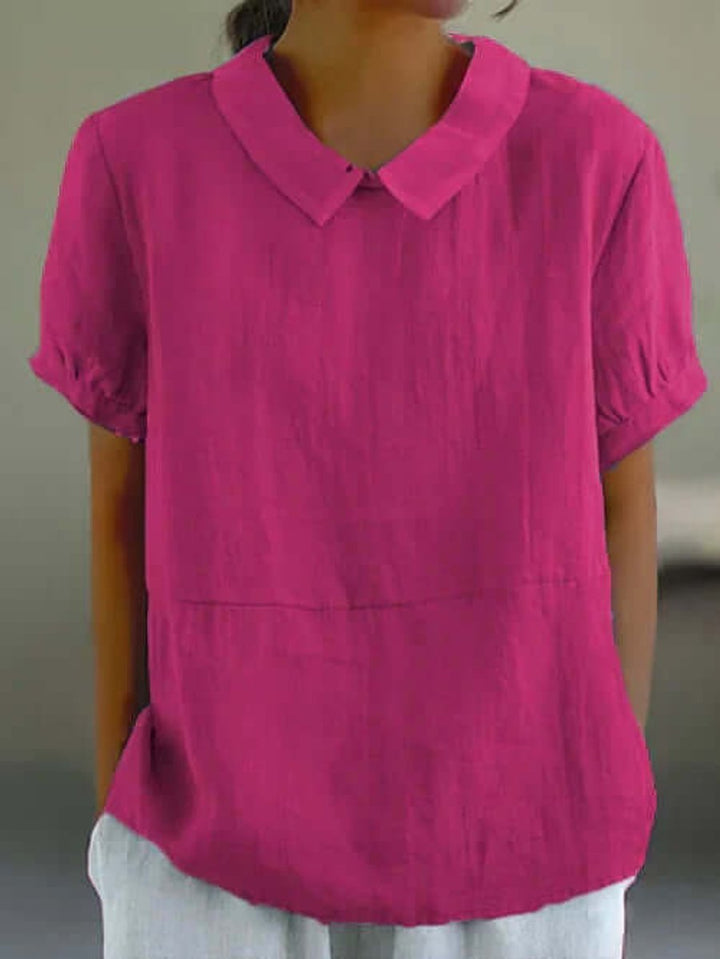 Women's Vintage Blouse Peter Pan Collar Short Sleeve Linen Top