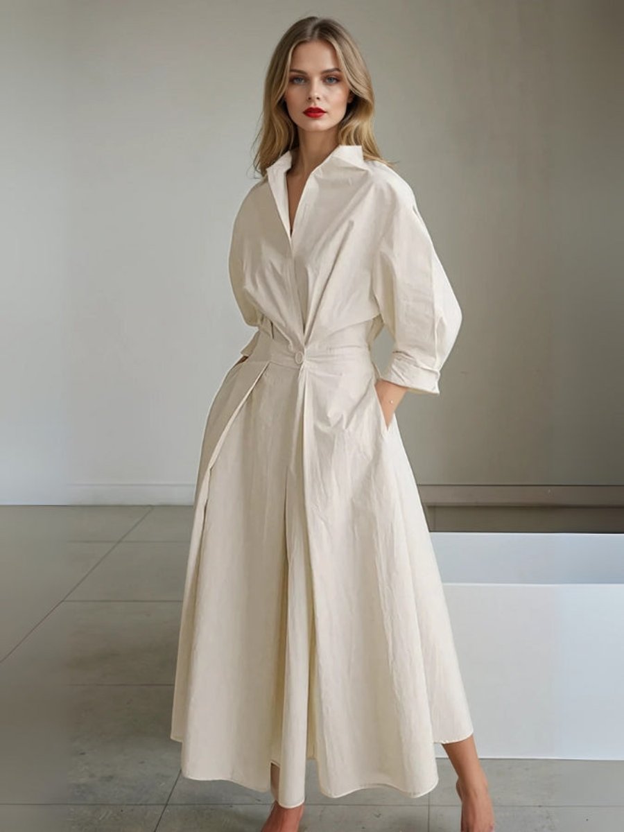 Women's Vintage Blouse Pleated Midi Shirt Dress Fitted Waist Pockets