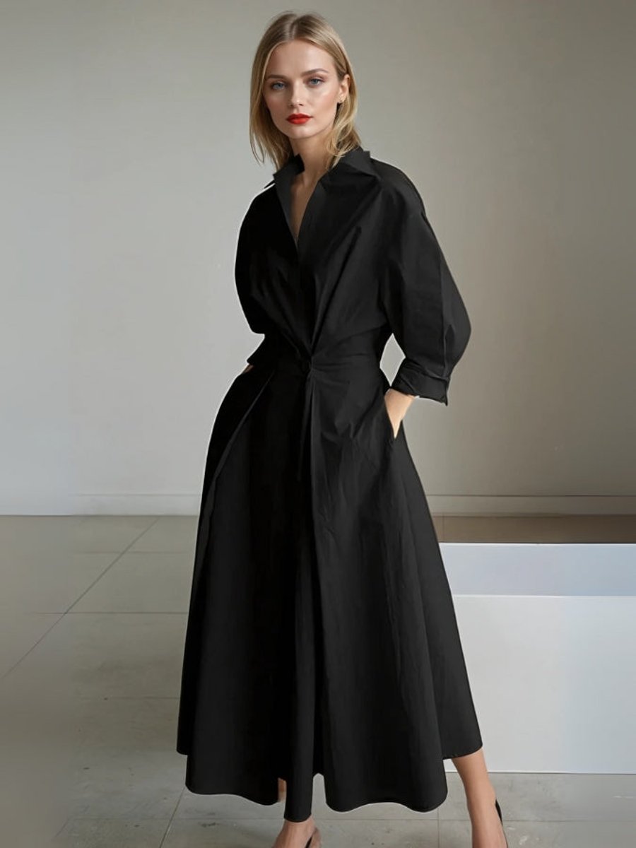 Women's Vintage Blouse Pleated Midi Shirt Dress Fitted Waist Pockets