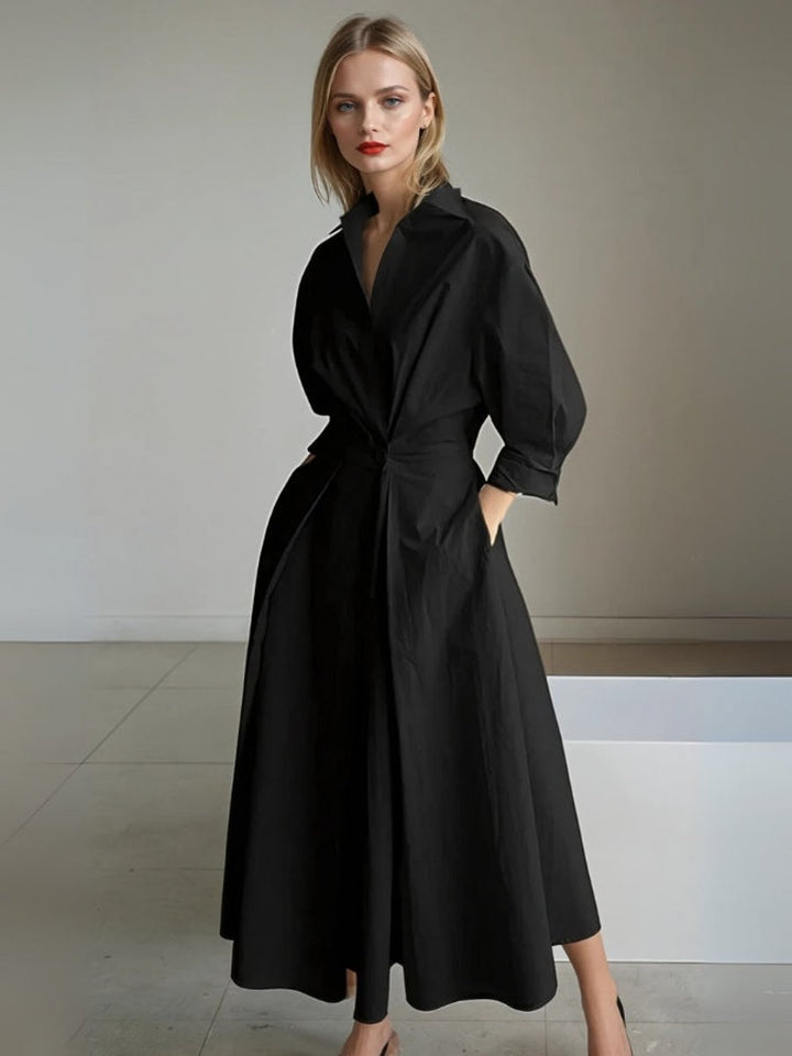 Women's Vintage Blouse Pleated Midi Shirt Dress Fitted Waist Pockets