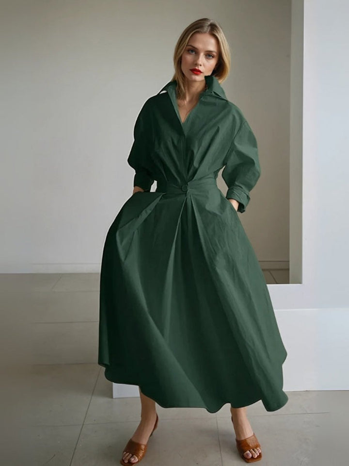 Women's Vintage Blouse Pleated Midi Shirt Dress Fitted Waist Pockets