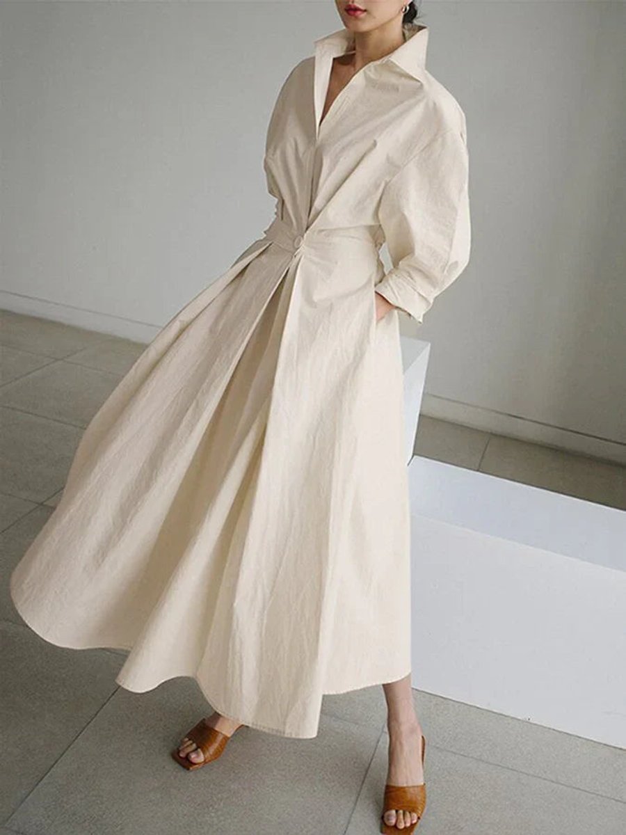 Women's Vintage Blouse Pleated Midi Shirt Dress Fitted Waist Pockets
