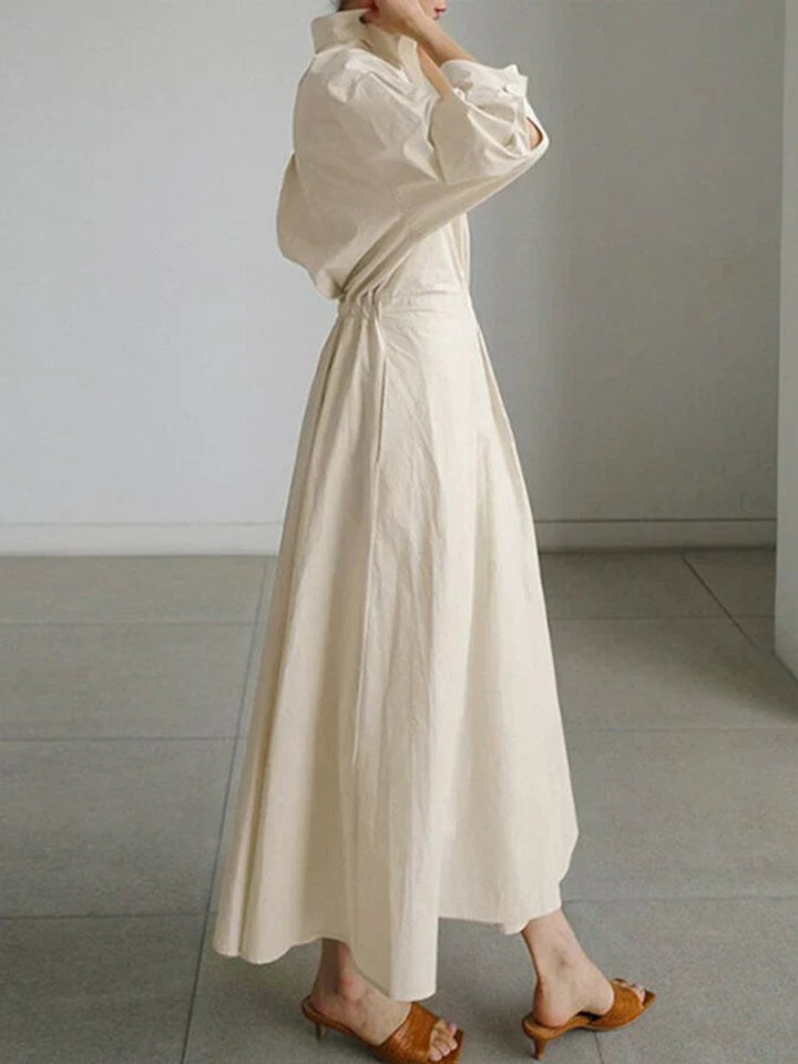 Women's Vintage Blouse Pleated Midi Shirt Dress Fitted Waist Pockets