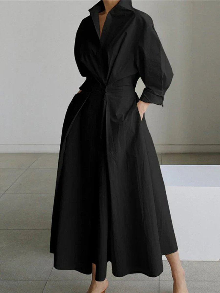Women's Vintage Blouse Pleated Midi Shirt Dress Fitted Waist Pockets