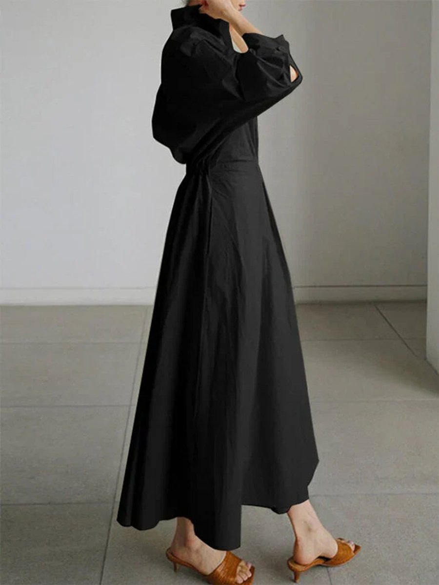 Women's Vintage Blouse Pleated Midi Shirt Dress Fitted Waist Pockets