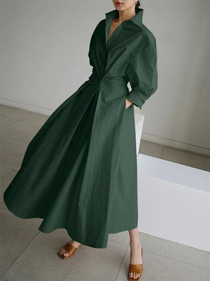 Women's Vintage Blouse Pleated Midi Shirt Dress Fitted Waist Pockets