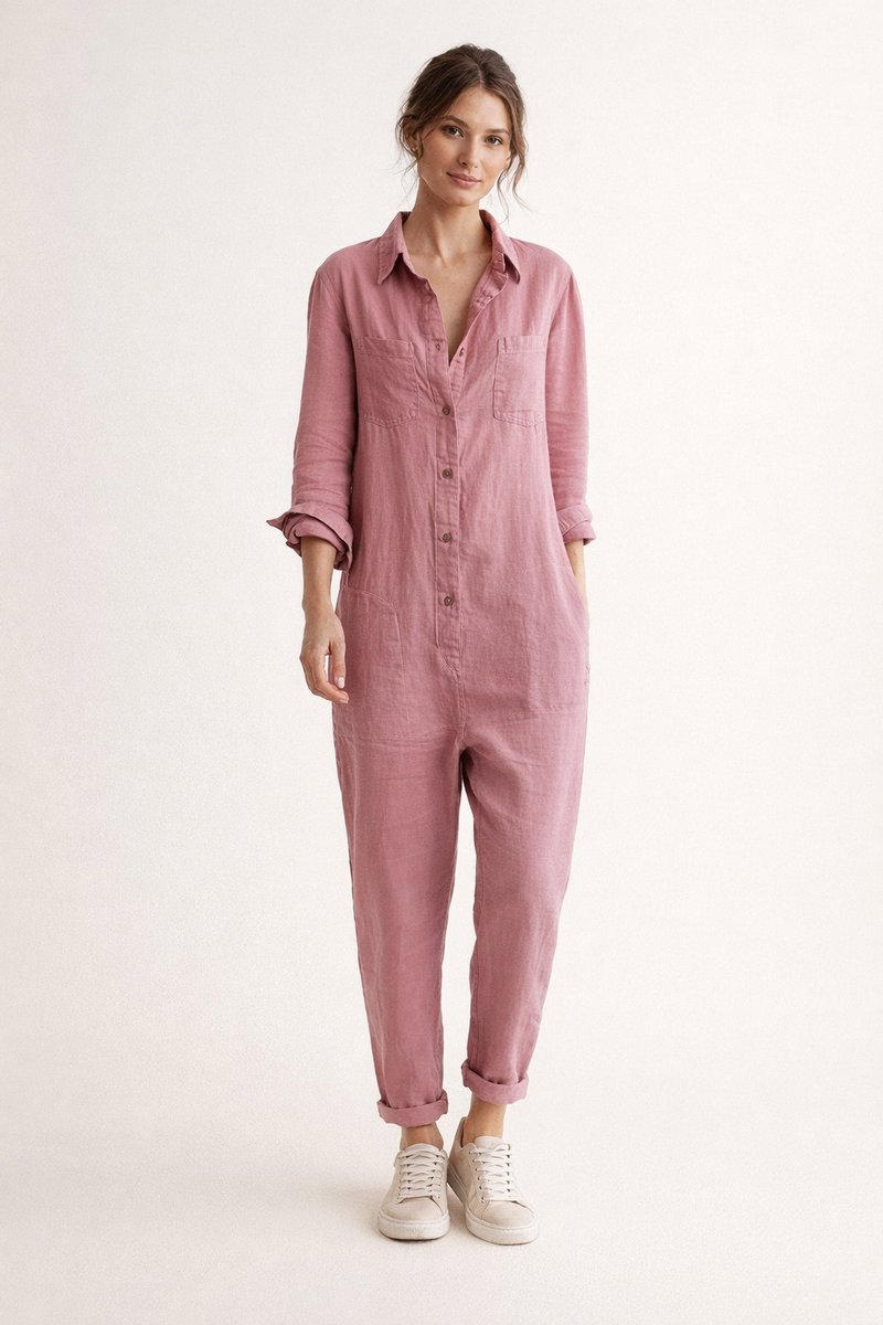 Women's Vintage Blouse Relaxed Linen Jumpsuit Long Sleeve Boilersuit