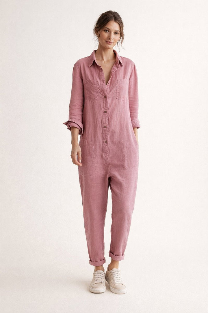Women's Vintage Blouse Relaxed Linen Jumpsuit Long Sleeve Boilersuit