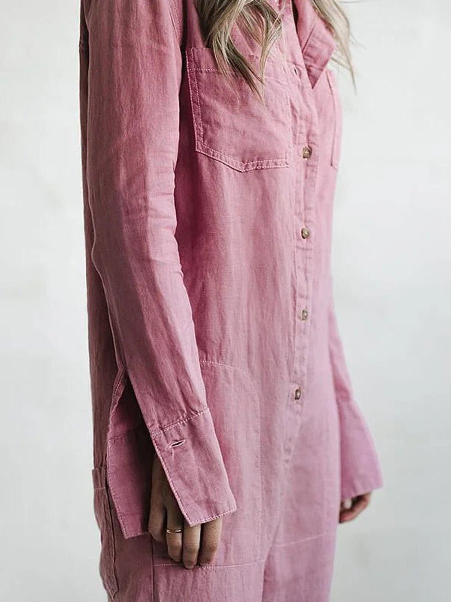 Women's Vintage Blouse Relaxed Linen Jumpsuit Long Sleeve Boilersuit