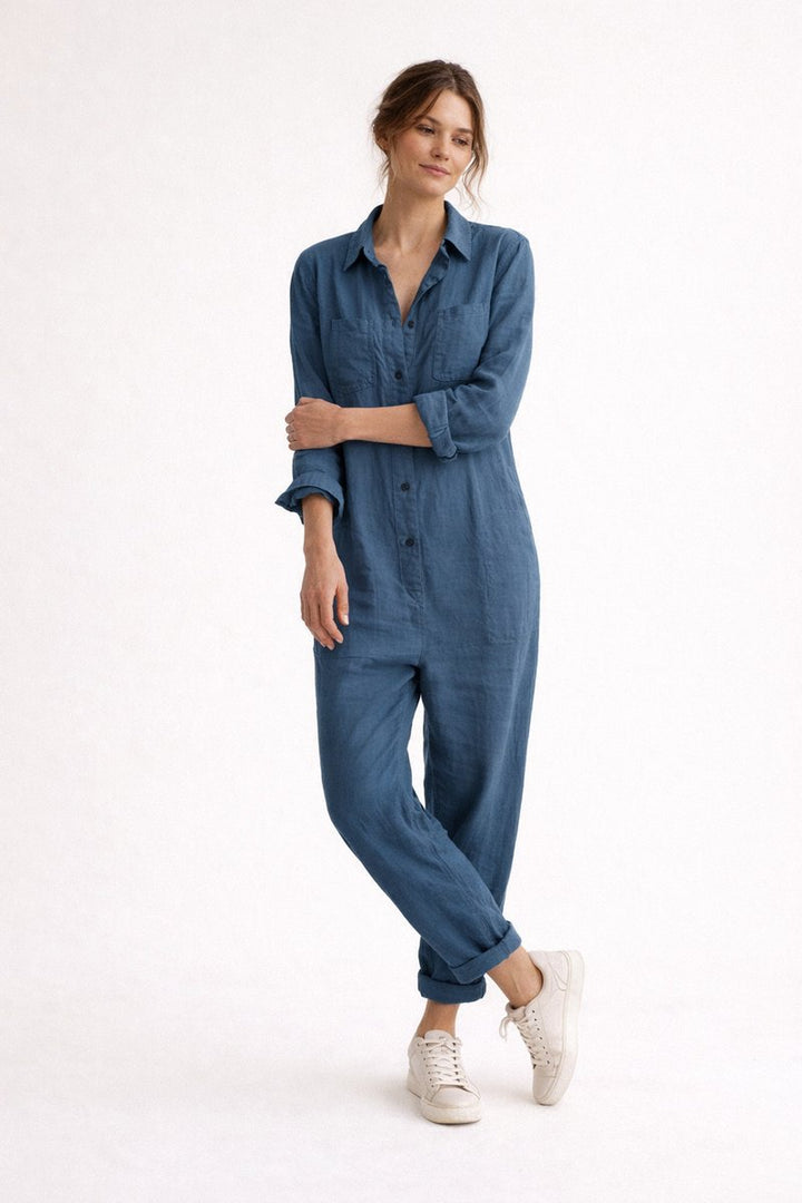 Women's Vintage Blouse Relaxed Linen Jumpsuit Long Sleeve Boilersuit