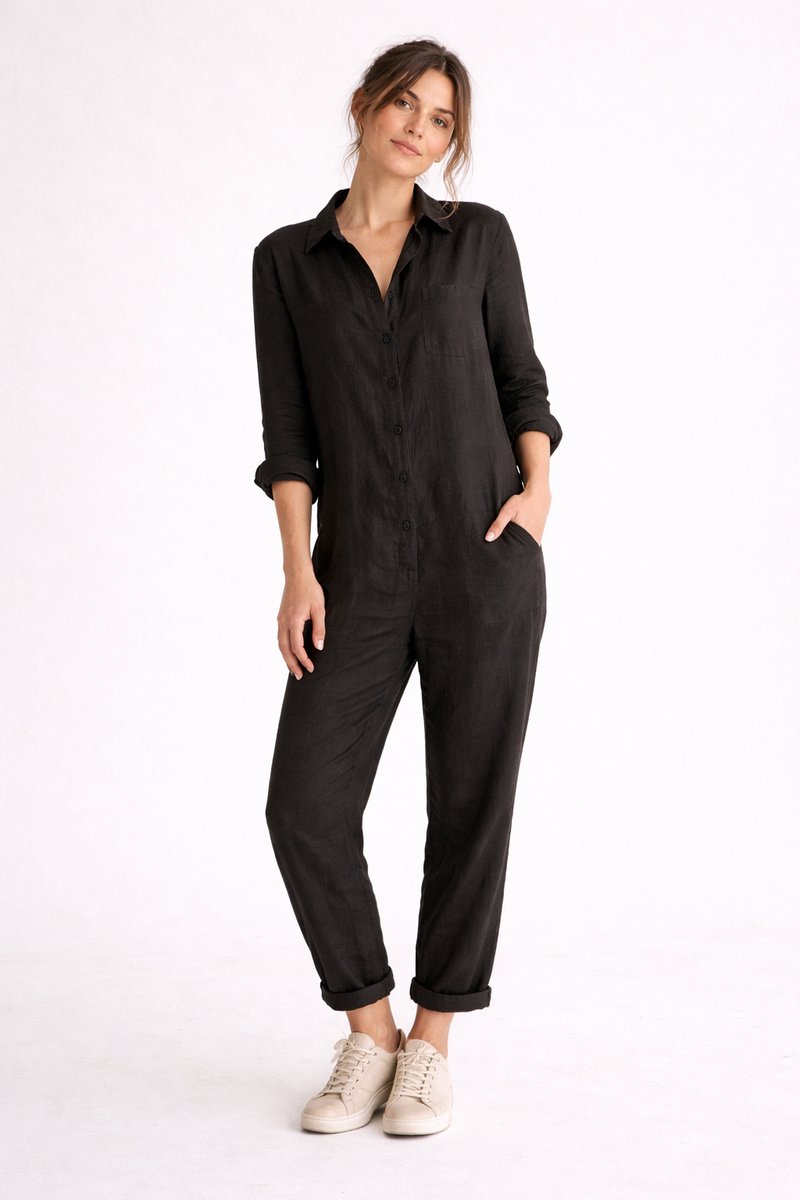 Women's Vintage Blouse Relaxed Linen Jumpsuit Long Sleeve Boilersuit