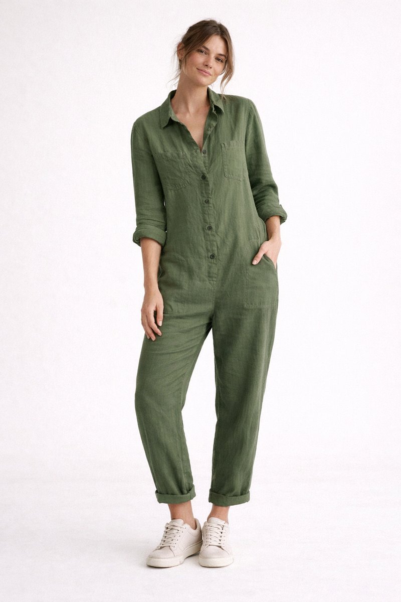 Women's Vintage Blouse Relaxed Linen Jumpsuit Long Sleeve Boilersuit