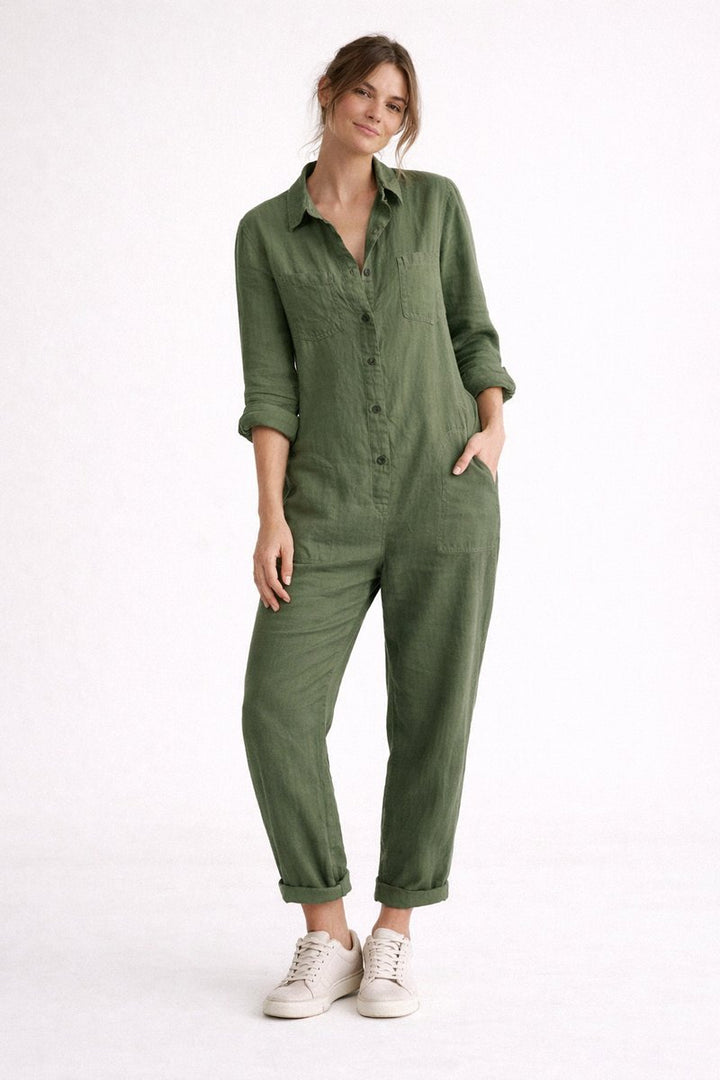 Women's Vintage Blouse Relaxed Linen Jumpsuit Long Sleeve Boilersuit