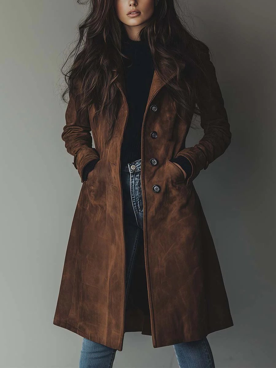 Women's Vintage Double-Breasted Suede Trench Coat