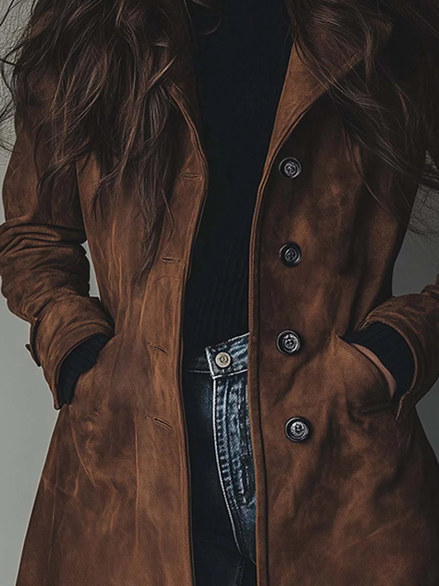 Women's Vintage Double-Breasted Suede Trench Coat