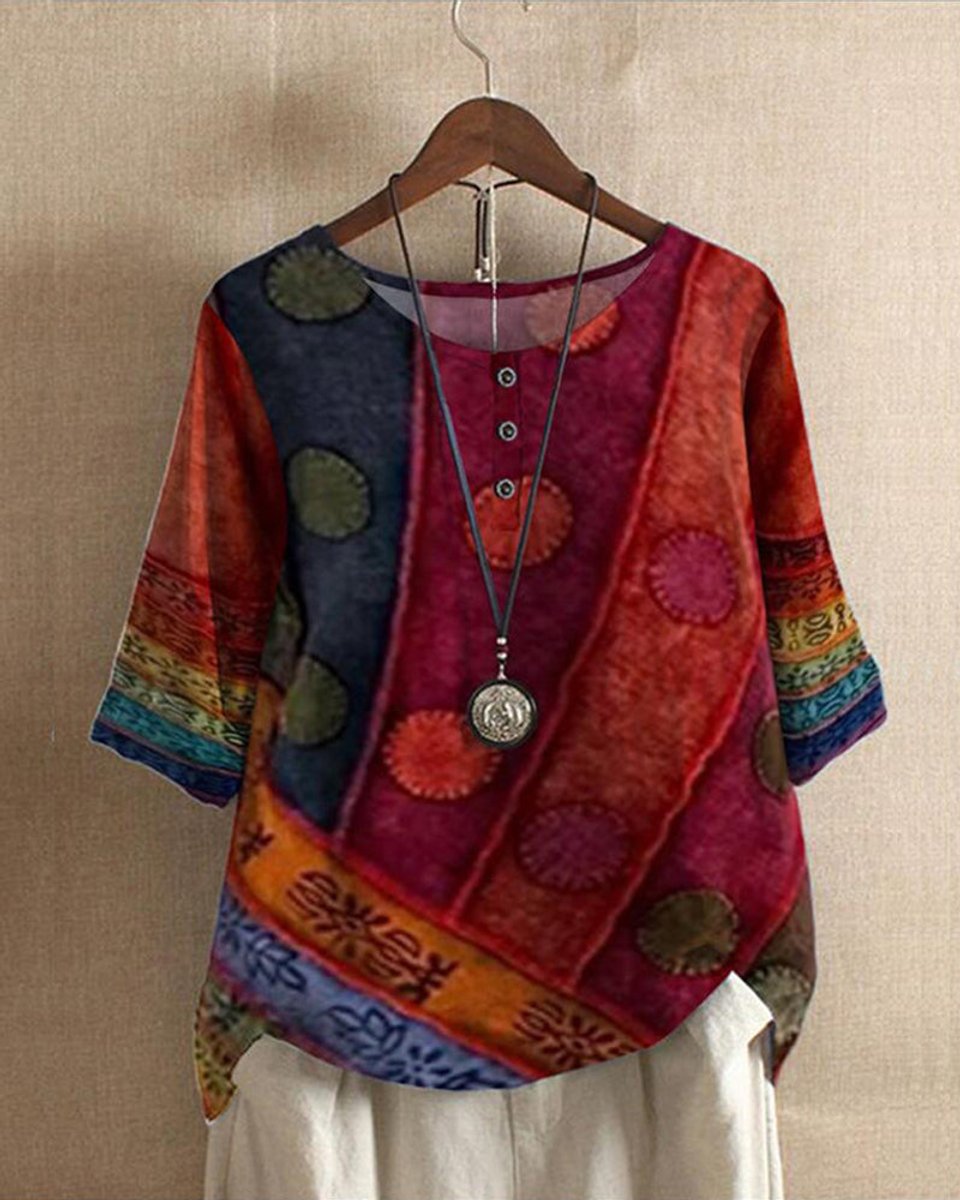 Women's Vintage Floral Blouse Boho Print Half-Sleeve Top