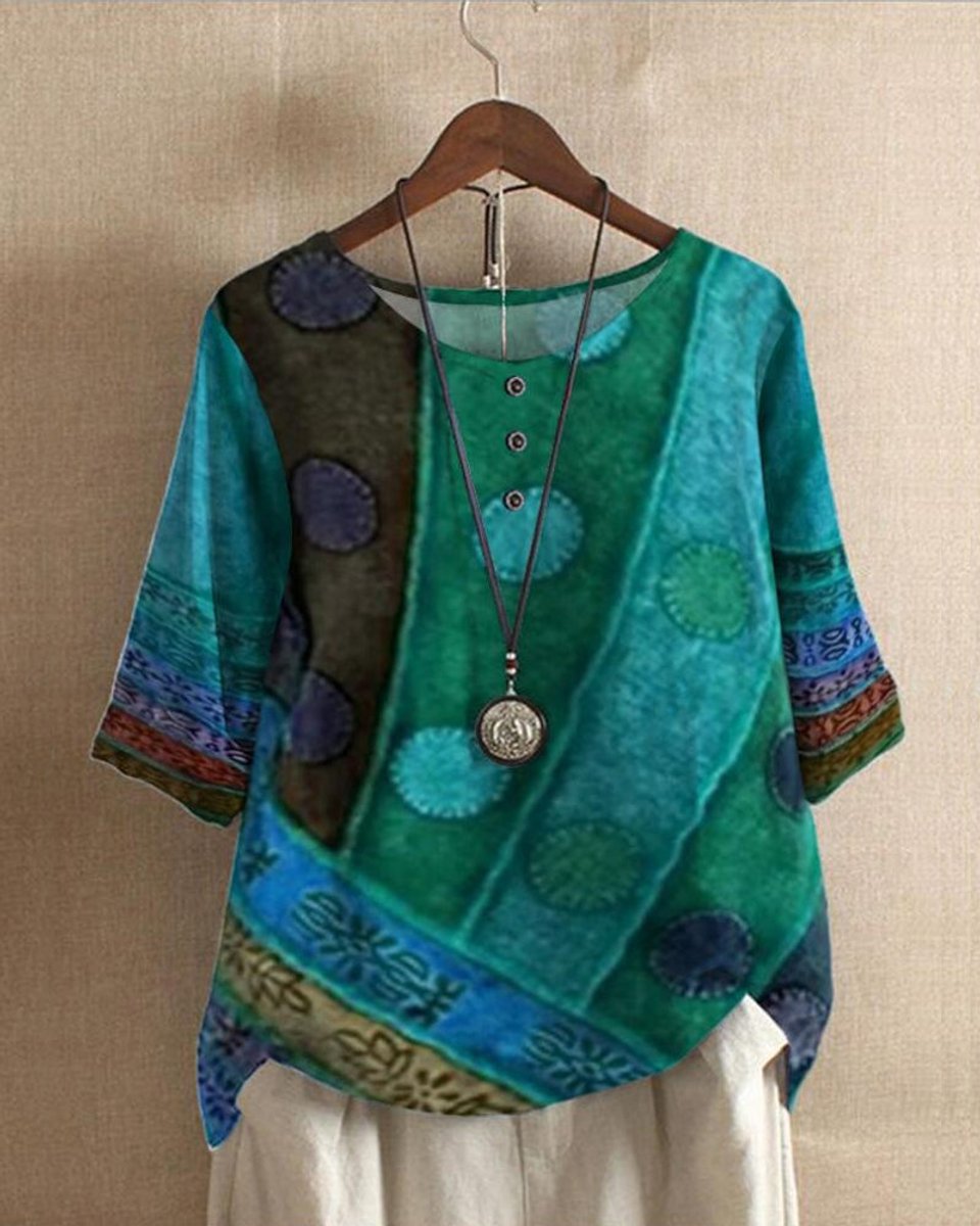 Women's Vintage Floral Blouse Boho Print Half-Sleeve Top