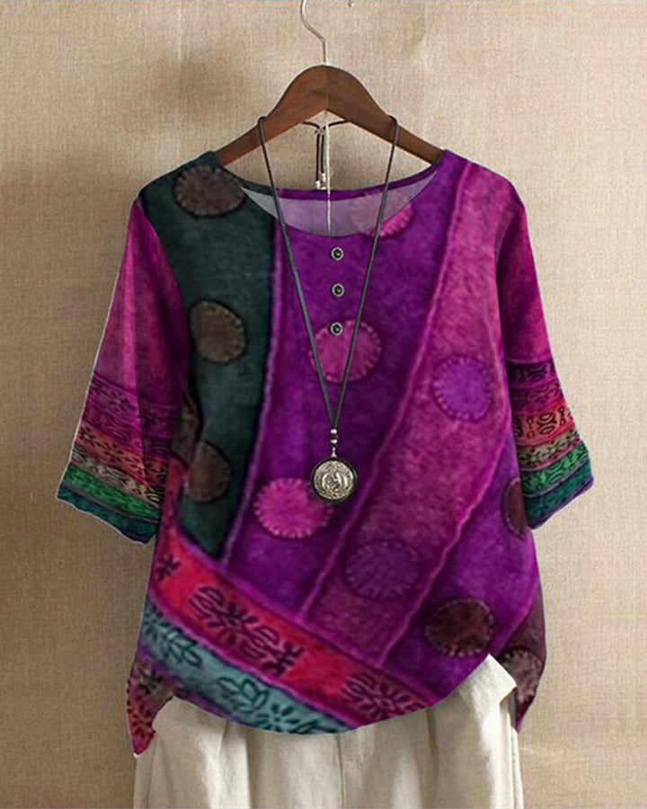 Women's Vintage Floral Blouse Boho Print Half-Sleeve Top
