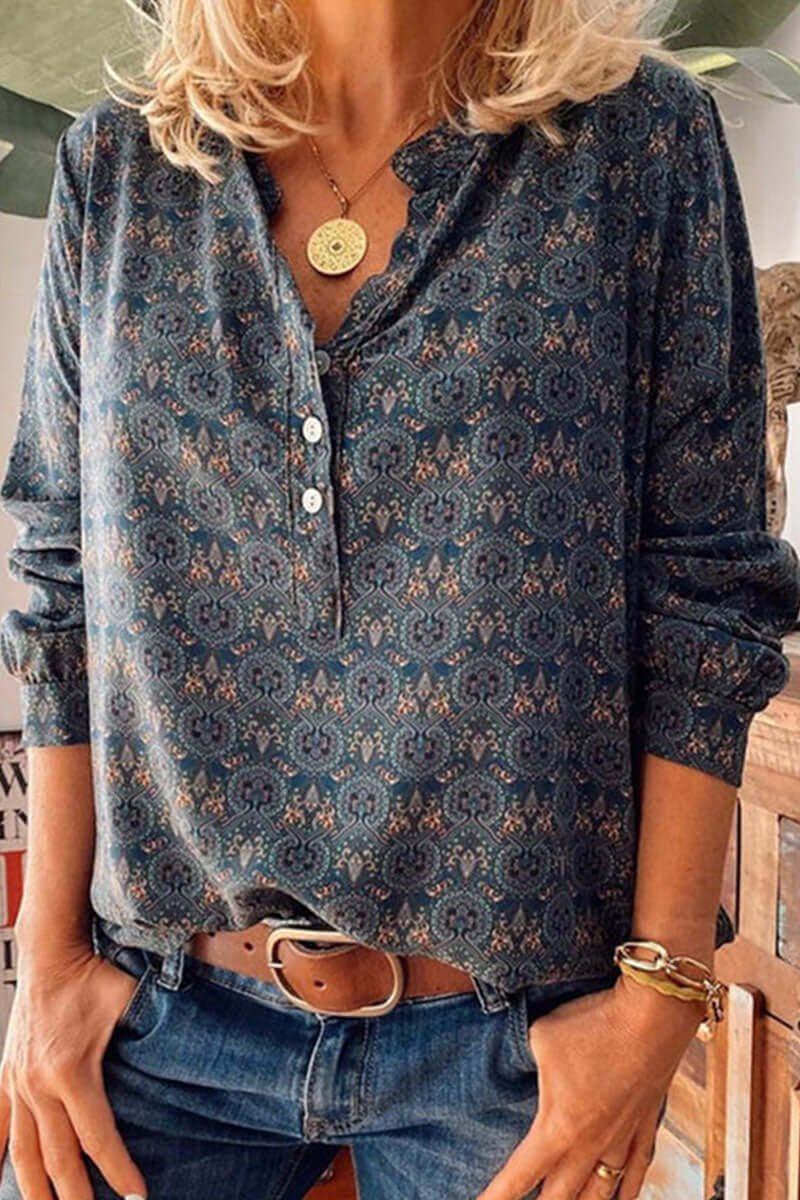 Women's Vintage Floral Blouse Long-Sleeve Boho Print Button-Neck Top