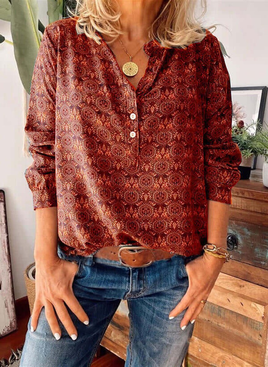 Women's Vintage Floral Blouse Long-Sleeve Boho Print Button-Neck Top