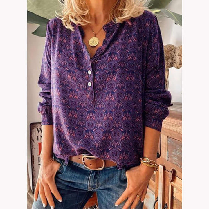 Women's Vintage Floral Blouse Long-Sleeve Boho Print Button-Neck Top