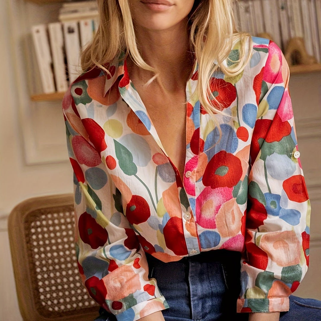 Women's Vintage Floral Blouse Long-Sleeve Button-Down Relaxed Shirt