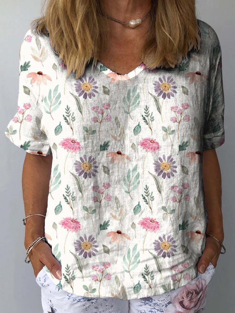 Women's Vintage Floral Blouse Relaxed-Fit Short-Sleeve Casual Top