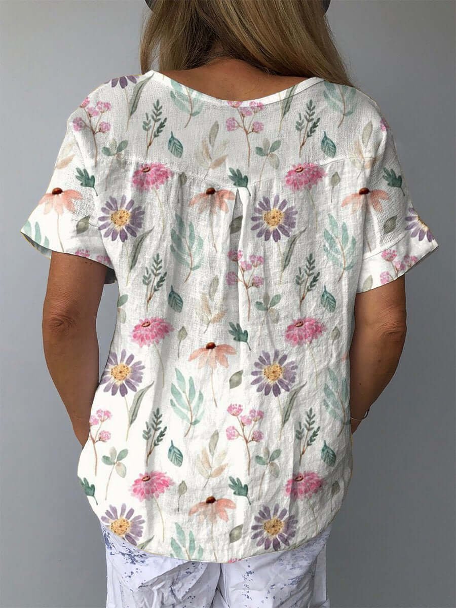 Women's Vintage Floral Blouse Relaxed-Fit Short-Sleeve Casual Top