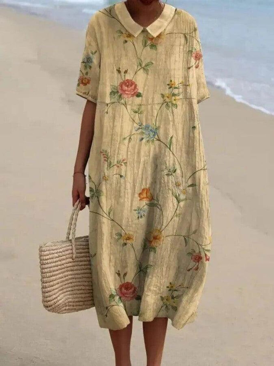 Women's Vintage Floral Blouse Relaxed Midi Shirt Dress