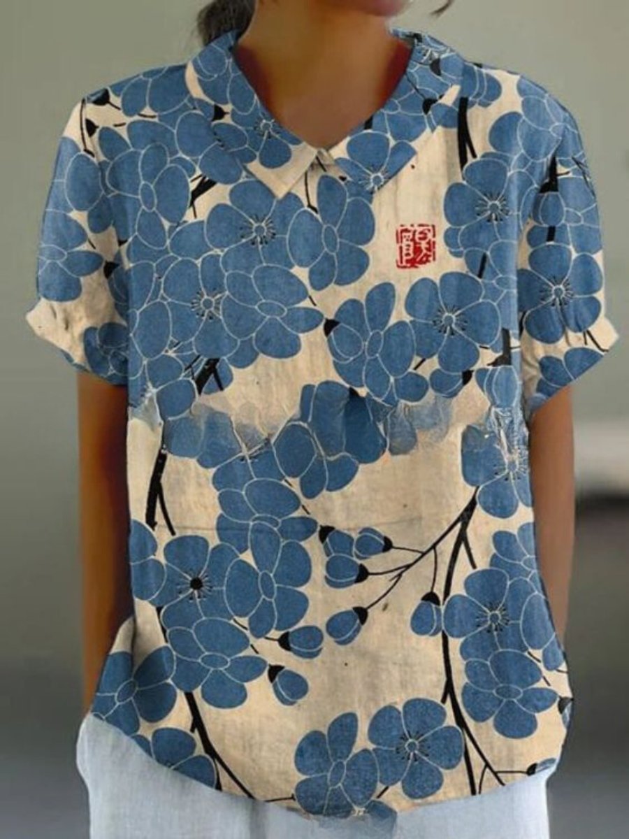 Women's Vintage Floral Blouse Short Sleeve V-Neck Japanese Print Top