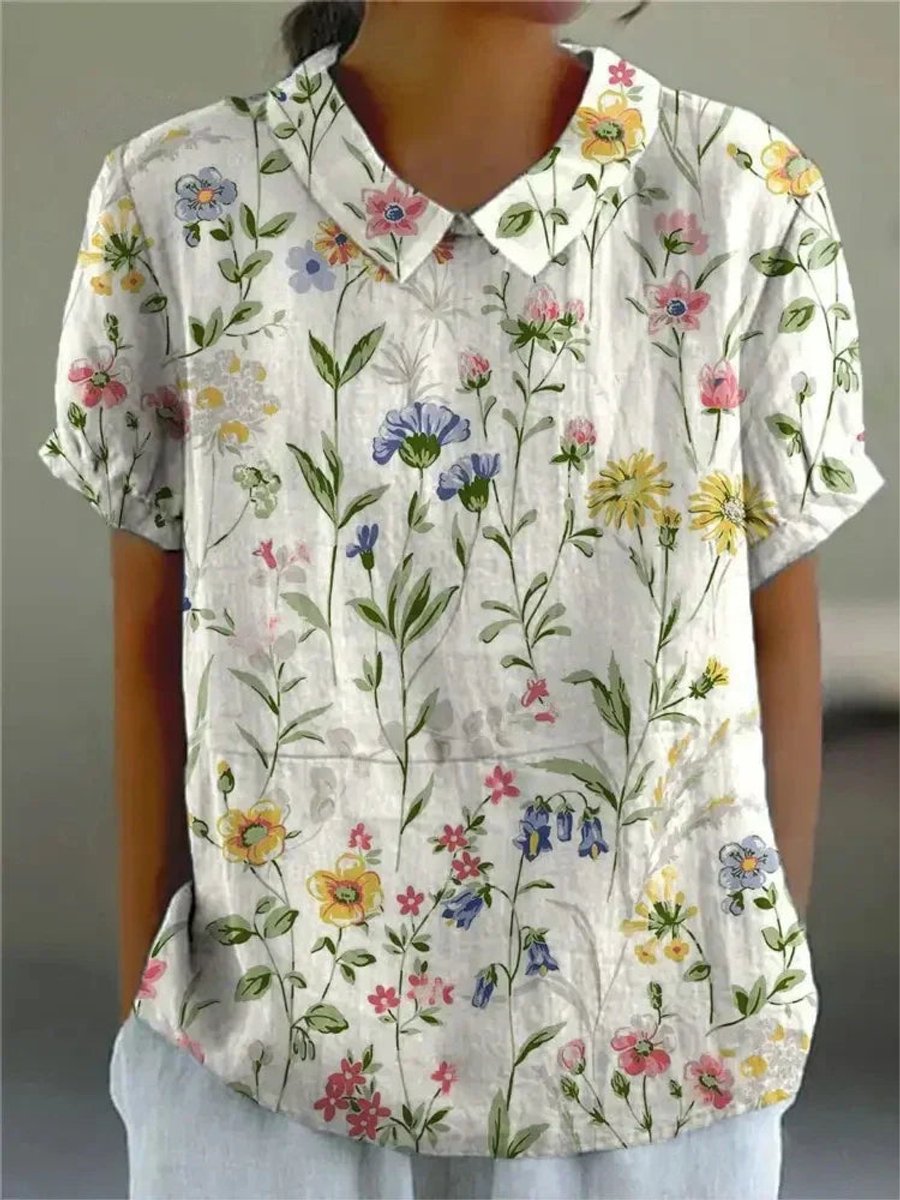 Women's Vintage Floral Blouse Short Sleeve V-Neck Japanese Print Top