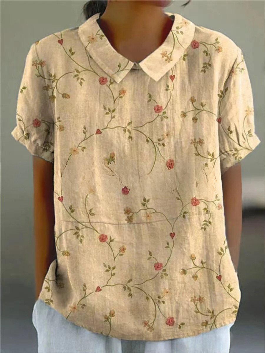 Women's Vintage Floral Blouse Short Sleeve V-Neck Japanese Print Top