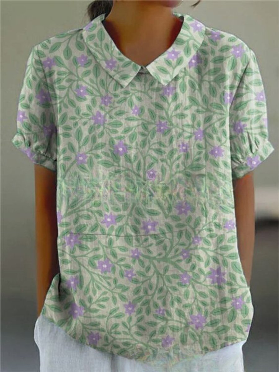 Women's Vintage Floral Blouse Short Sleeve V-Neck Japanese Print Top