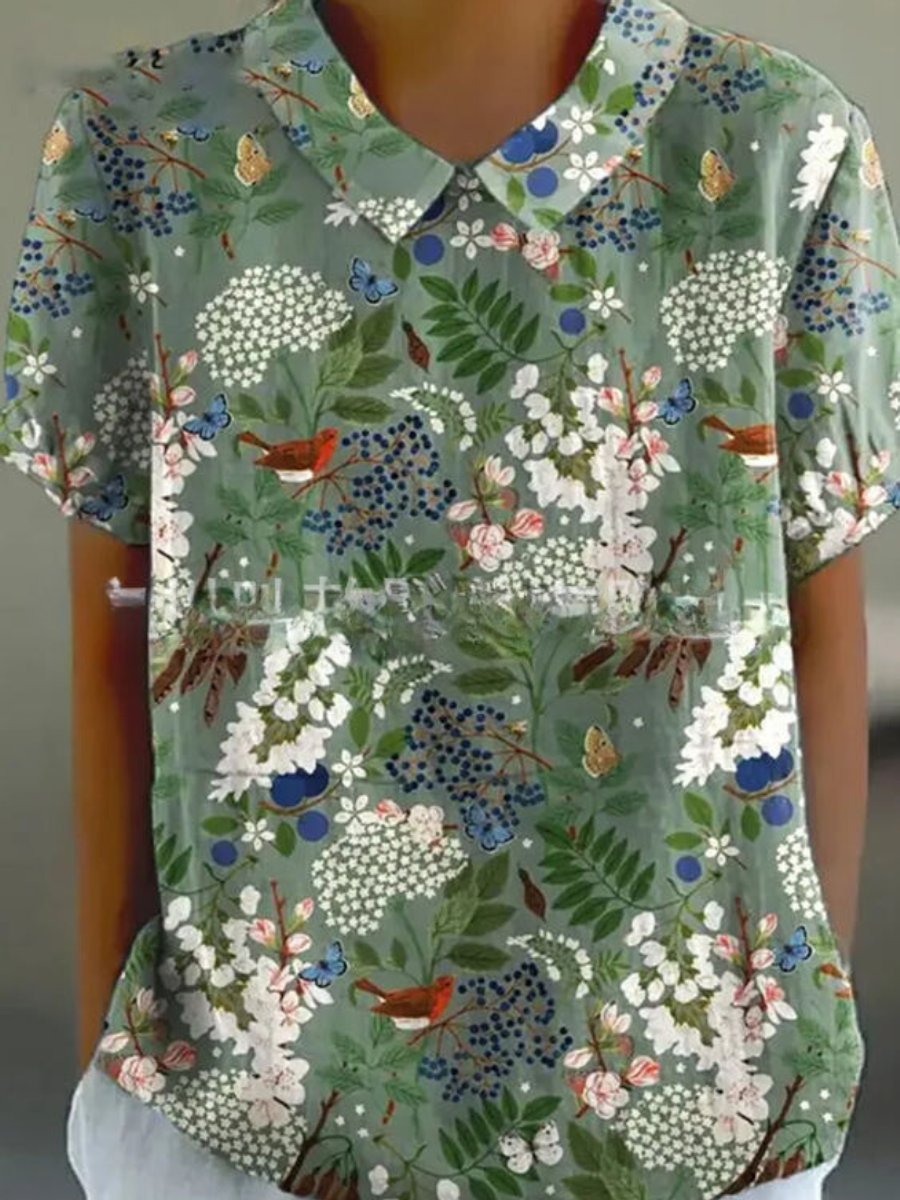 Women's Vintage Floral Blouse Short Sleeve V-Neck Japanese Print Top