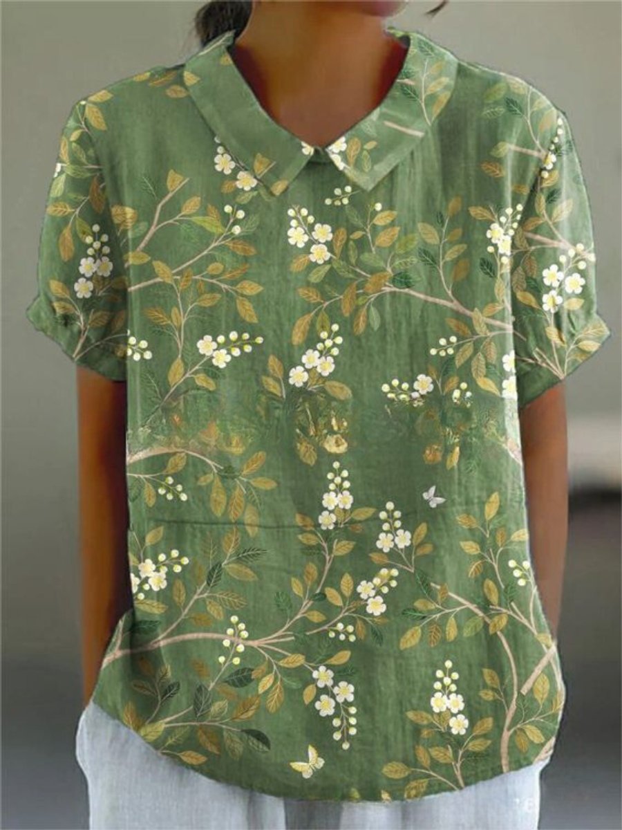Women's Vintage Floral Blouse Short Sleeve V-Neck Japanese Print Top