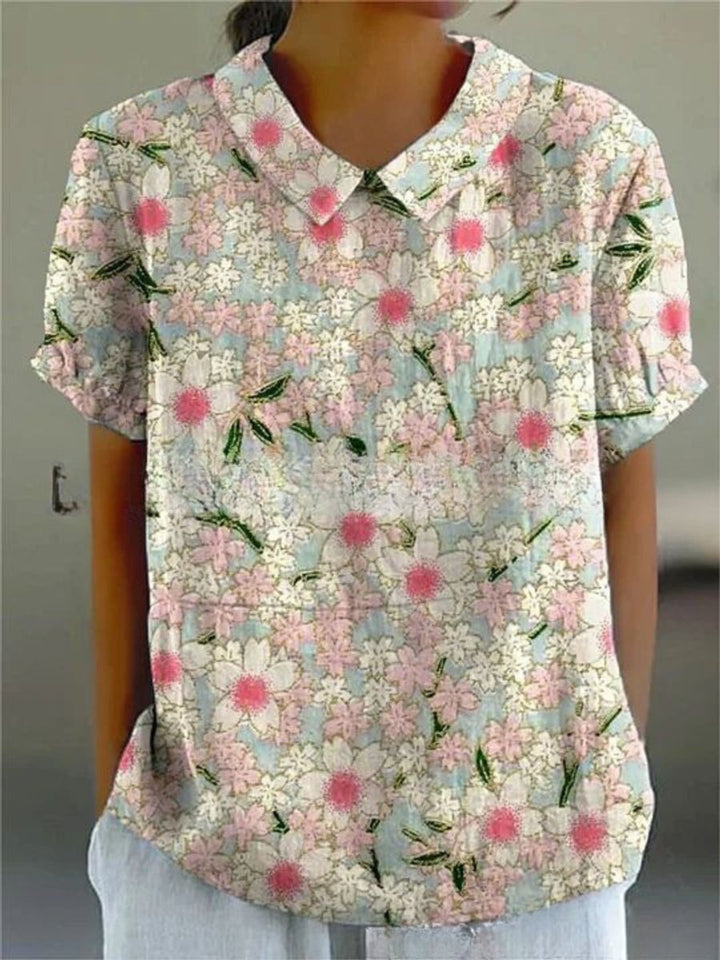 Women's Vintage Floral Blouse Short Sleeve V-Neck Japanese Print Top