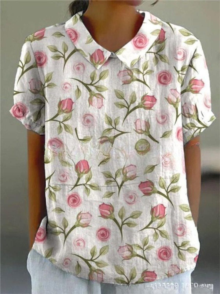 Women's Vintage Floral Blouse Short Sleeve V-Neck Japanese Print Top