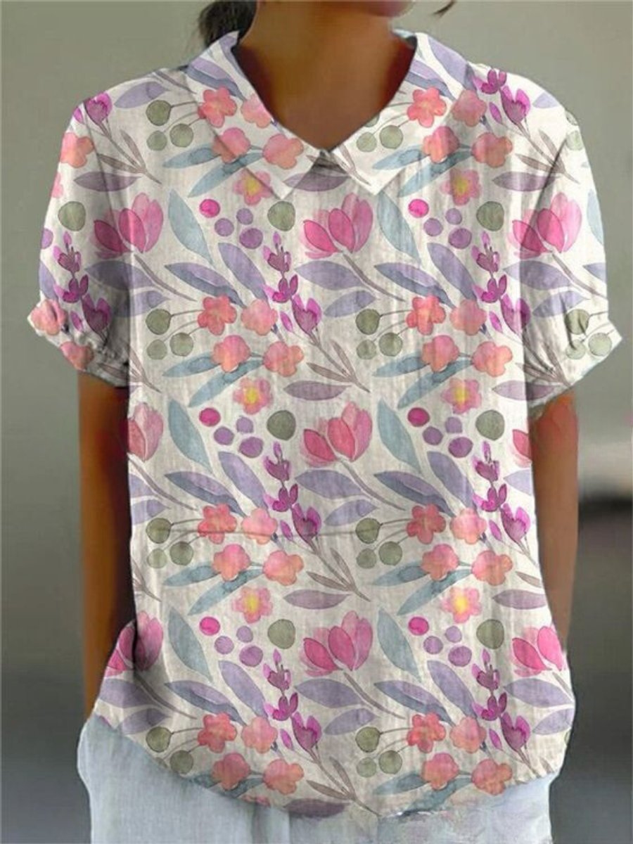 Women's Vintage Floral Blouse Short Sleeve V-Neck Japanese Print Top