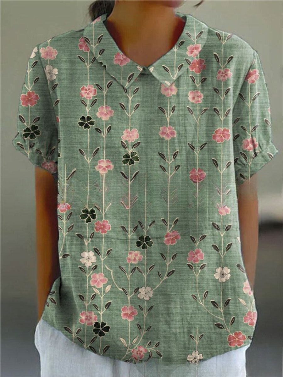 Women's Vintage Floral Blouse Short Sleeve V-Neck Japanese Print Top