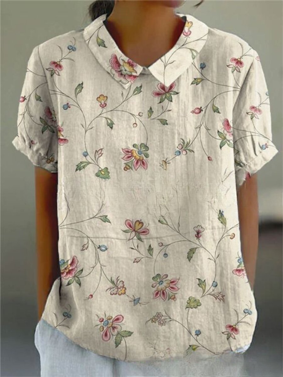 Women's Vintage Floral Blouse Short Sleeve V-Neck Japanese Print Top