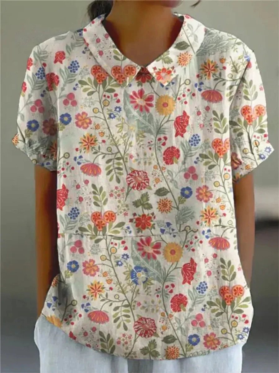 Women's Vintage Floral Blouse Short Sleeve V-Neck Japanese Print Top