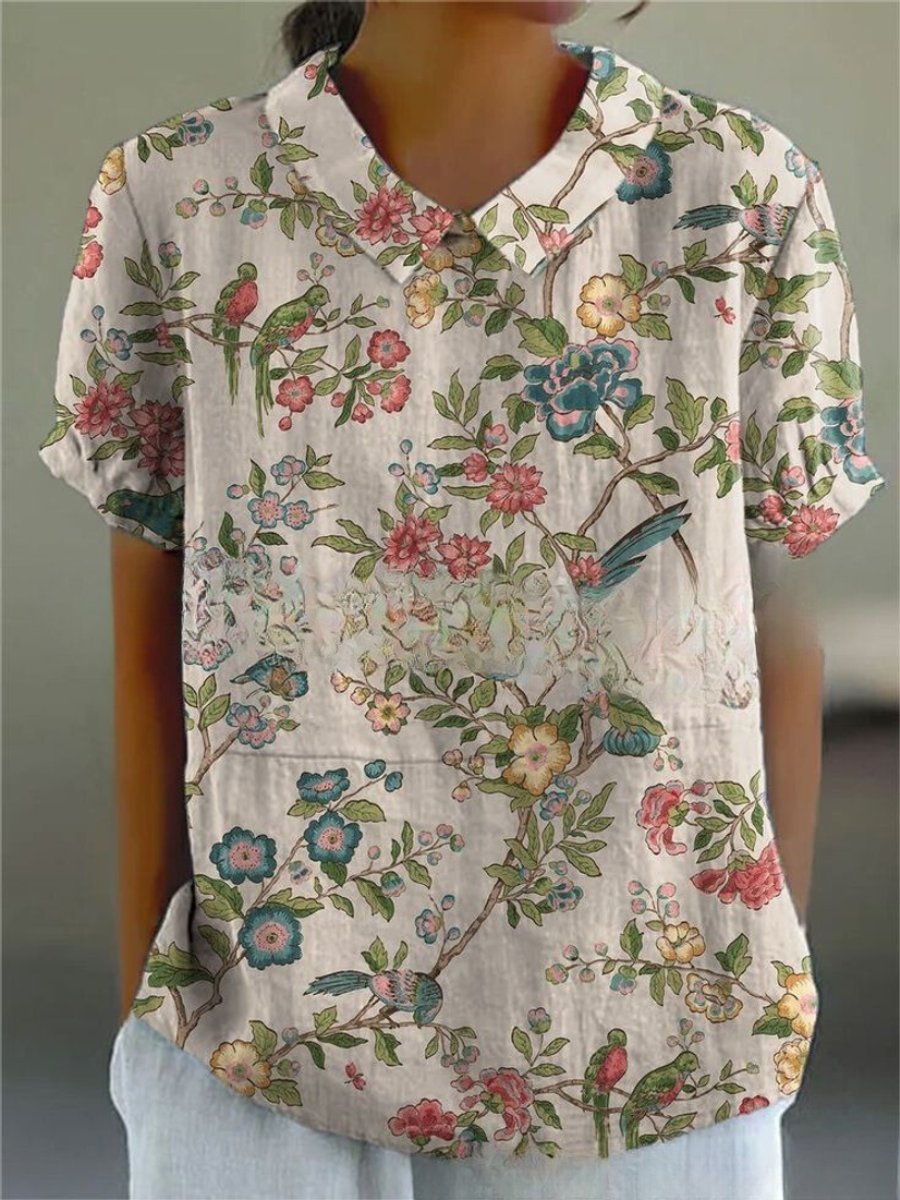 Women's Vintage Floral Blouse Short Sleeve V-Neck Japanese Print Top