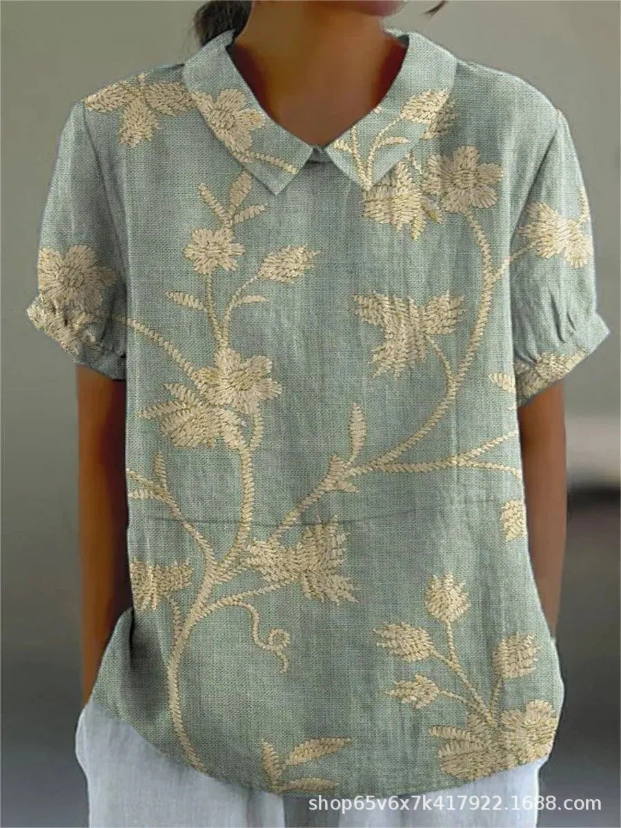Women's Vintage Floral Blouse Short Sleeve V-Neck Japanese Print Top