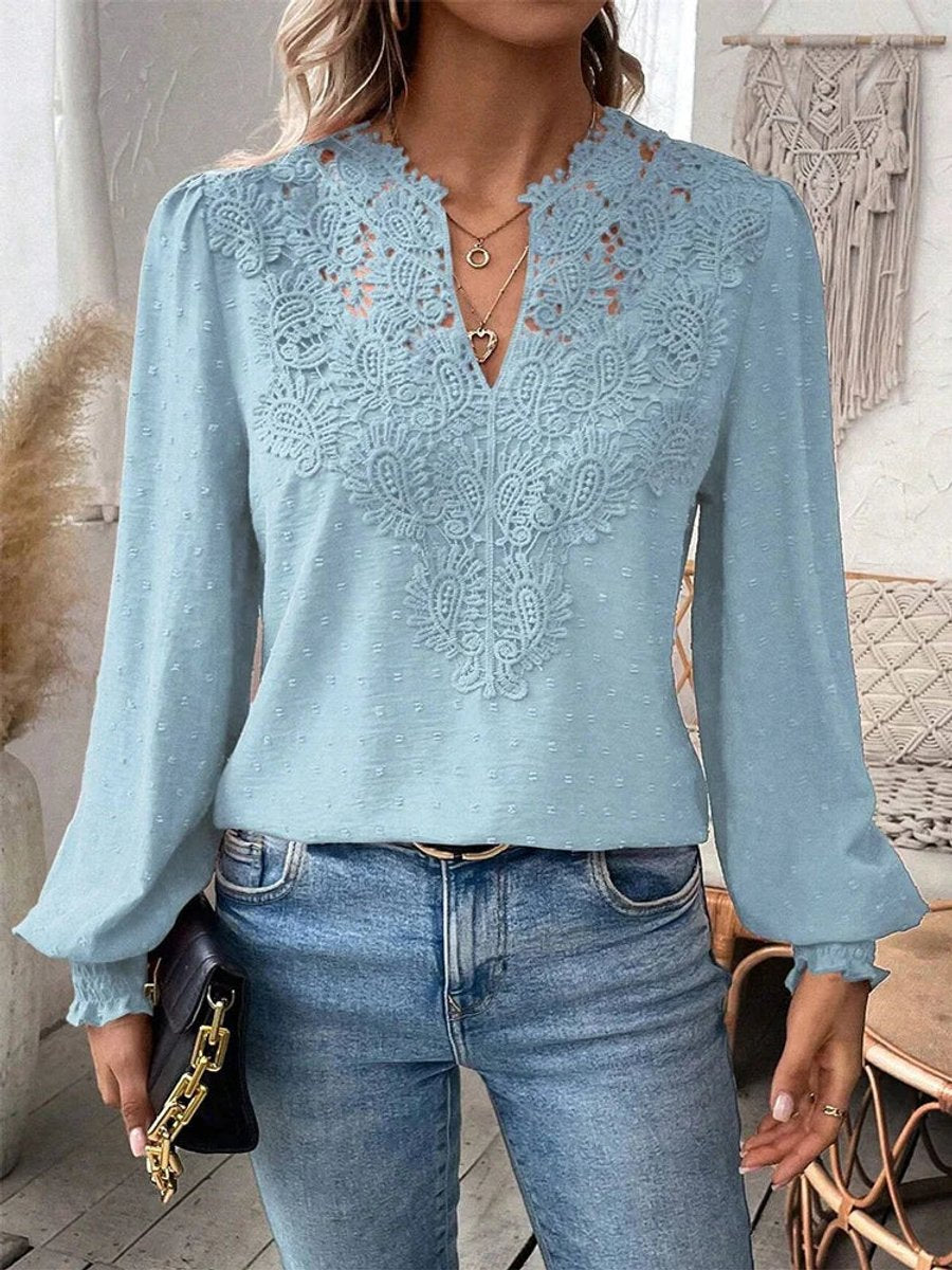 Women's Vintage Floral Lace V-Neck Long-Sleeve Blouse