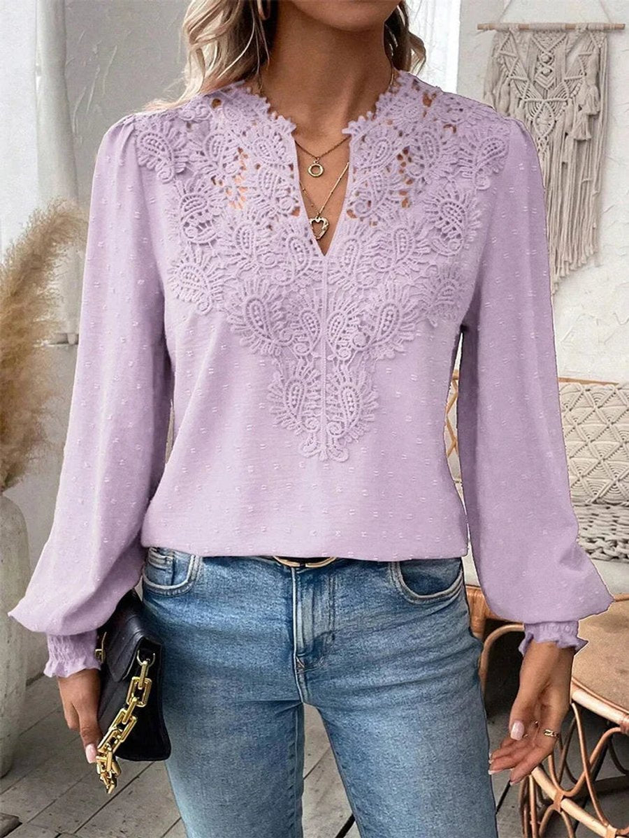 Women's Vintage Floral Lace V-Neck Long-Sleeve Blouse