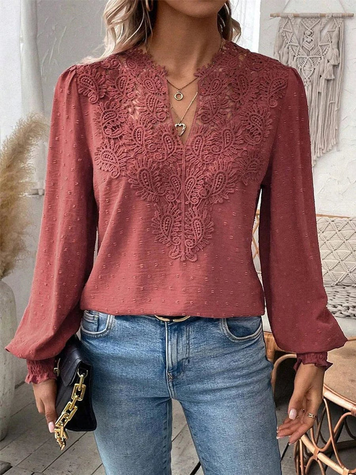 Women's Vintage Floral Lace V-Neck Long-Sleeve Blouse