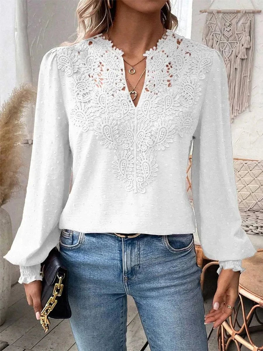 Women's Vintage Floral Lace V-Neck Long-Sleeve Blouse