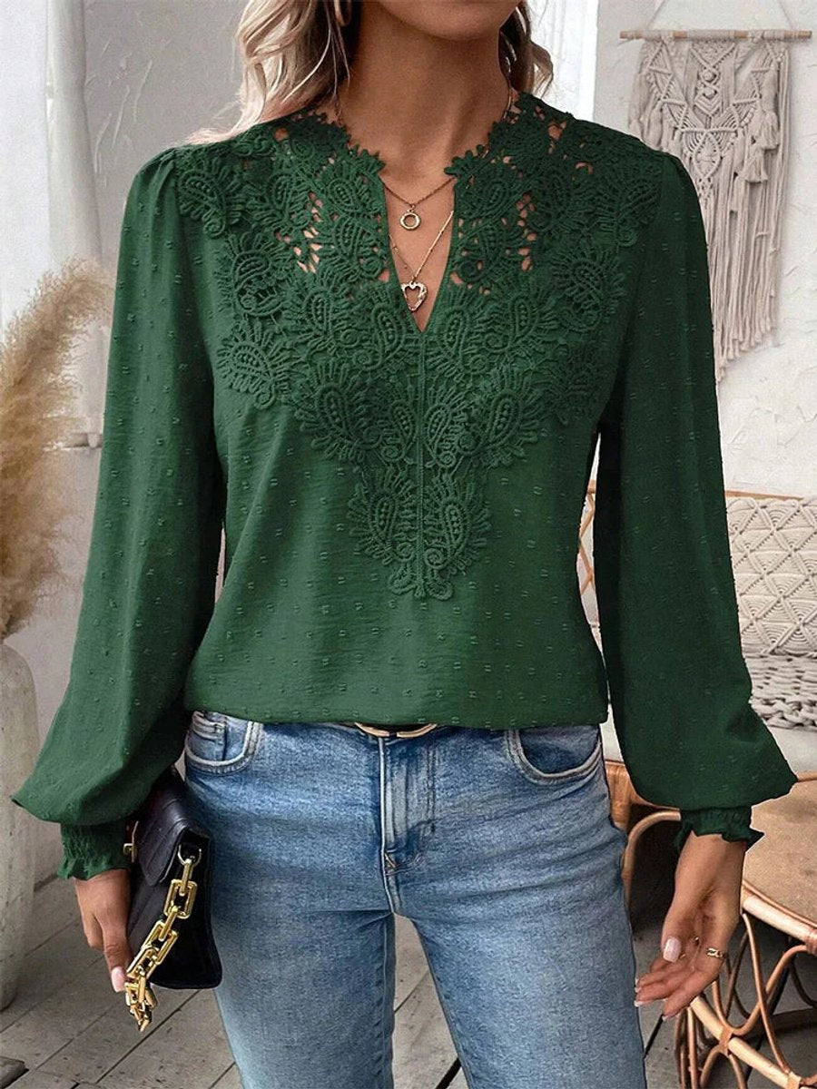 Women's Vintage Floral Lace V-Neck Long-Sleeve Blouse